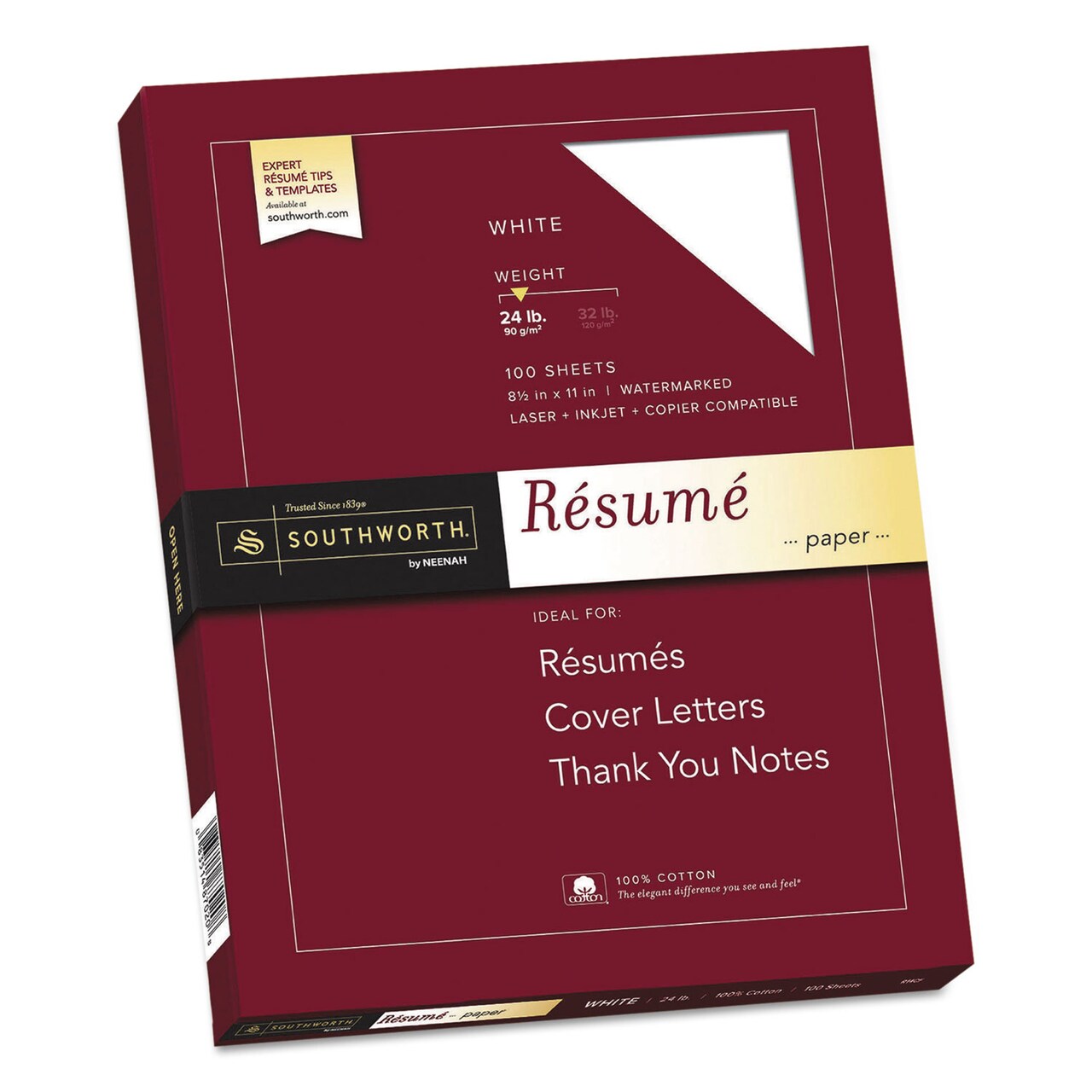 Southworth 100 Cotton Resume Paper 95 Bright 24 lb 8.5 x 11 White 100/Pack